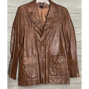 Vintage 70’s Men’s Leather Coat Jacket JH Collection Quilted Trim 60’s Disco